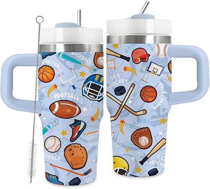 14oz Sport Theme Tumbler with Handle and Straw, Stainless Steel Vacuum Insulated Tumblers, Birthday Gifts for Sport Lover, Boy, Son, Gift for Men on Christmas Fathers Day - Bloomnest