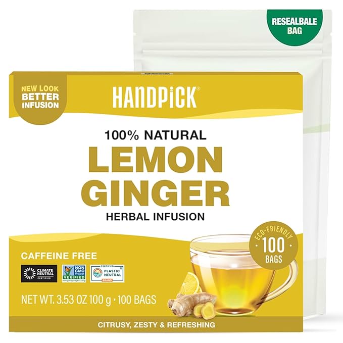 HANDPICK, Lemon Ginger Herbal Tea - 100 Pyramid Tea Bags | 100% Natural Ingredients, Tasty & Citrusy Hand-made Blend of Lemon & Ginger | Caffeine Free, Gluten Free | No Artificial Ingredients - Bloomnest