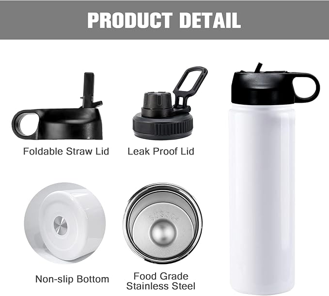 BetterSub 20oz Sublimation Sports Water Bottle Stainless Steel Insulated White Tumbler with Wide Mouth Lid and Straw 6 Packs - Bloomnest