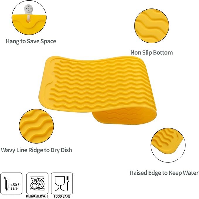 Silicone Dish Drying Mat for Multiple Usage,Easy clean,Eco-friendly,Heat-resistant Silicone Mat for Kitchen Counter,Sink,Bar,Bottle,or Cup Yellow M 17 inches x 6 inches - Bloomnest