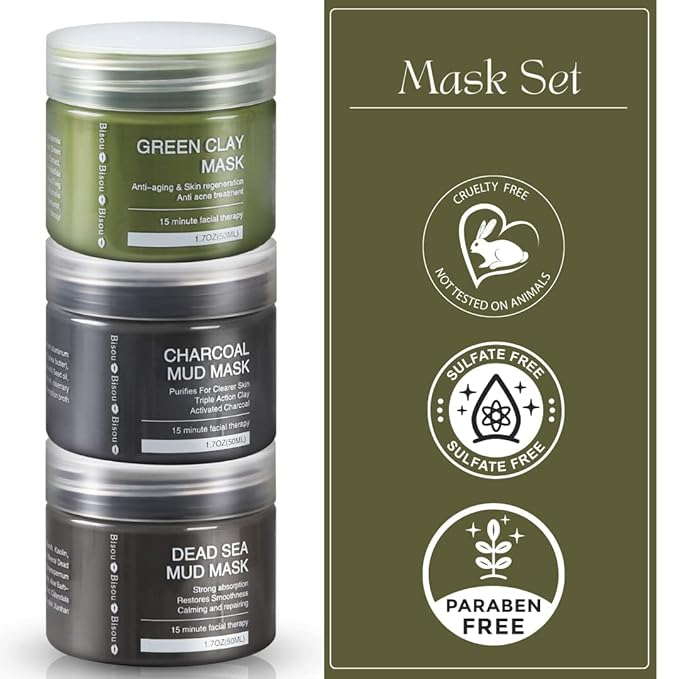 Clay, Dead Sea Mud & Charcoal Gel Face Mask Trio With Applicator, Deep cleansing Clay and Mask Applicator, Facial Therapy PH Balanced Hypo-allergenic - Bloomnest