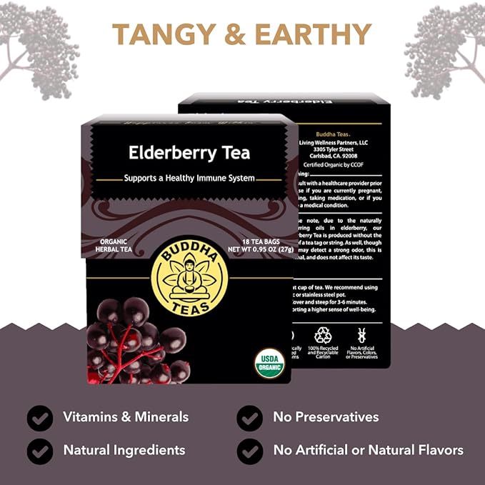 Buddha Teas - Organic Elderberry - Herbal Tea - For Health & Wellbeing - With Antioxidants & Minerals - Clean Ingredients - Caffeine Free - OU Kosher & Non-GMO - 18 Tea Bags (Pack of 1) - Bloomnest