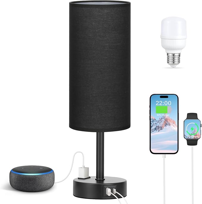 Fenmzee Black Bedroom Lamp for Nightstand - 3 Way Dimmable Bedside Lamp USB C A Charging Ports and AC Outlet, Small Table Lamp Black Base for Living Room, Office Desk, LED Bulb Included - Bloomnest