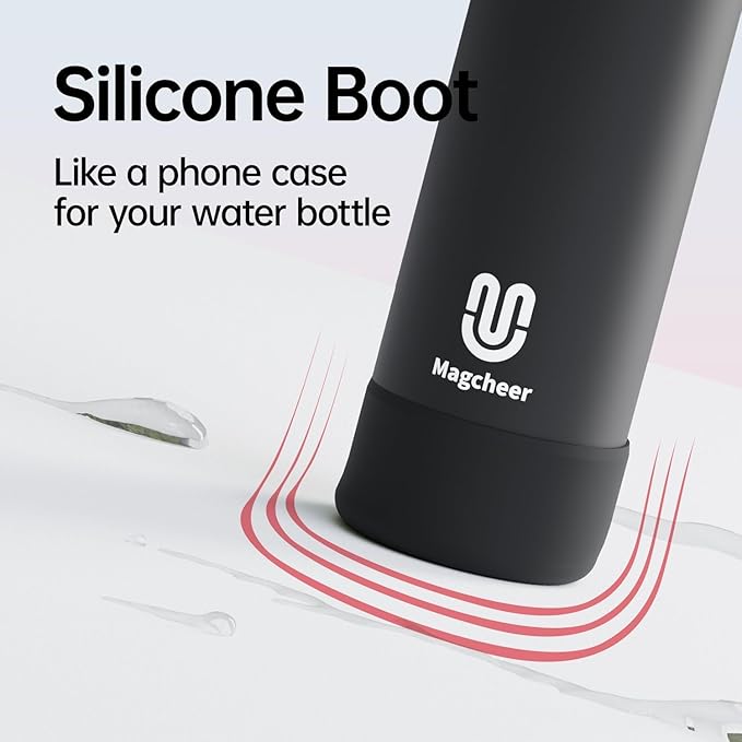 Insulated Magnetic Water Bottle - Reusable Stainless Steel Bottle with MagSafe Compatible Phone Holder - Keeps Cold for 24 Hours - Perfect for Gym, Sports, and Travel - Black 32oz Magcheer