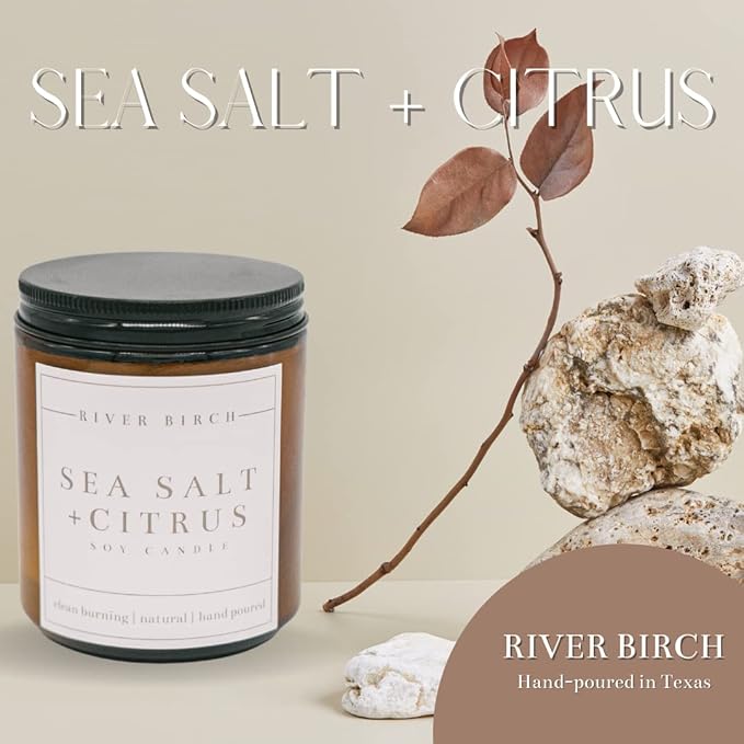 River Birch Candles Sea Salt & Citrus Scented Candle | Premium, All-Natural, Non-Toxic, Soy Amber Jar Candles | 8.5oz 40 Hr Burn Time | Cozy Relaxing Gifts for Home - Bloomnest