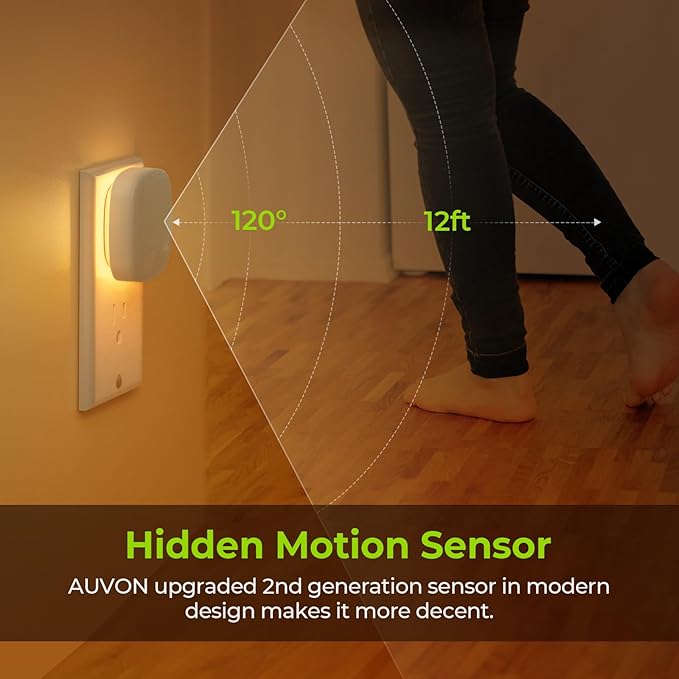 AUVON Plug-in LED Backlit Night Light with Motion Sensor & Dusk to Dawn Sensor, Dimmable Amber Nightlight with 1-50 lm Adjustable Brightness for Bedroom, Bathroom, Stairs, Hallway (4 Pack) - Bloomnest