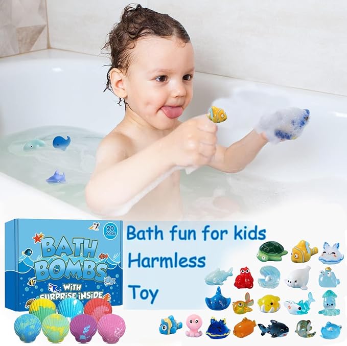 Bath Bombs for Kids with Surprise Marine Animals Inside, 20 Shell Kids Bath Bombs Gift Set, Handmade Bubble Bath Fizzes Bomb for Chrildren Birthday Christmas and Party Favor