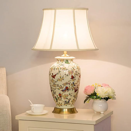 PURESILKS White 27" Flower and Bird Ceramics Table Lamp Chinoiserie Desk Lamp,Fabric Drum Shade,Gold Base, Tall Table Lamp Decor for Living Room Bedroom Bedside Office College Bookcase - Bloomnest