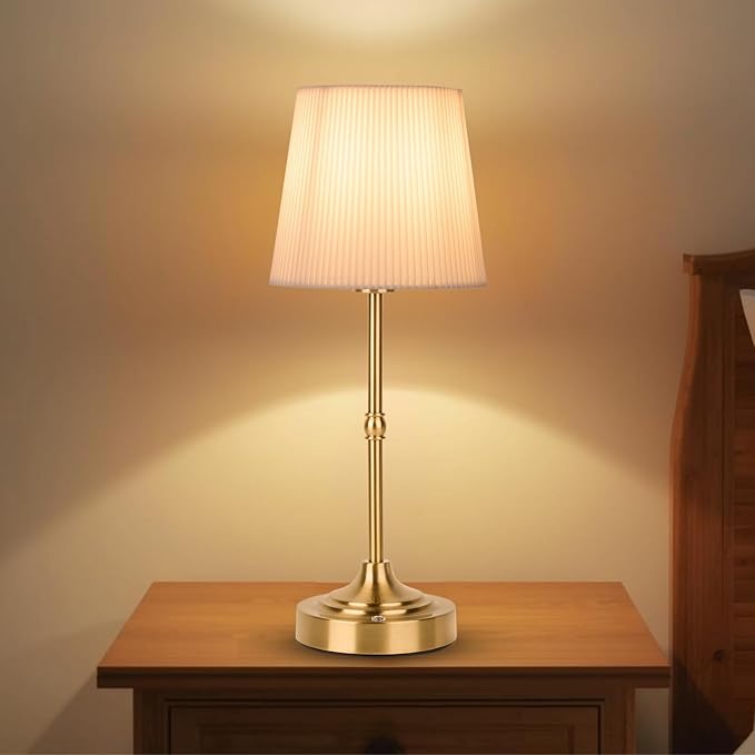 Rechargeable Table Lamp, Cordless Touch Lamps, Portable Desk Light with Stepless Dimmable Brightness & Fabric Shade for Nightstand Bedside Living Room (Gold, Twill) - Bloomnest