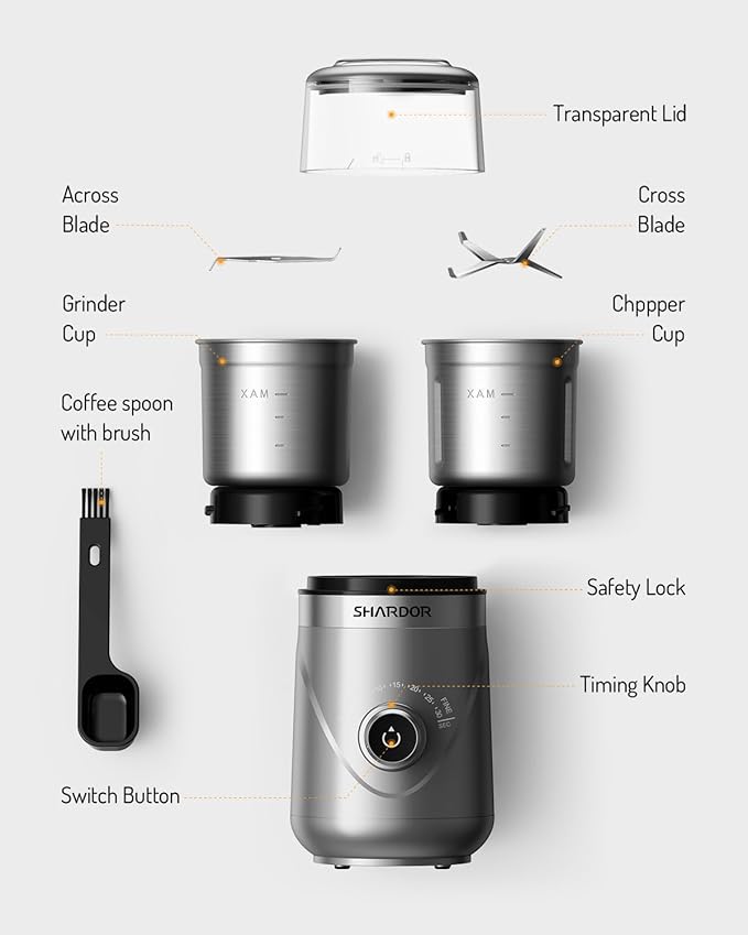 SHARDOR Electric Super Silent Blade Coffee Grinder, Timed Grind Control Rotary Knob, Adjustable Coarse to Fine for Coffee Beans, Spices & Herbs, with 2 Removable Stainless Steel Bowl, Silver - Bloomnest