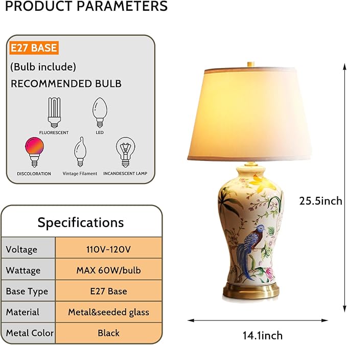 PURESILKS White Ceramics Table Lamp 25.5" Chinoiserie Lamp Flower and Bird Table Lamp American Handmade Beige Linen Drum Shade Decor for Living Room Bedroom - Bloomnest