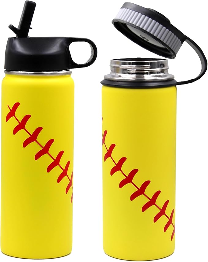 18 oz Softball Water Bottle, Wide Mouth Sports Flask Metal Travel Tumbler with 2 Lids, Stainless Steel Double Wall Vacuum Insulated Leak Proof Thermo Water Bottles, Softball Stuff Gifts for Mom Girls - Bloomnest
