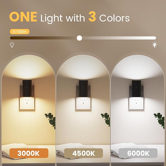 VOLISUN Night Lights Plug into Wall, Dimmable LED Nightlight with Dusk to Dawn Light Sensor, 0-100LM Adjustable Brightness, 3 Color Temperatures, Compact Size Black 6 Pack for Hallway,Bedroom,Bathroom - Bloomnest
