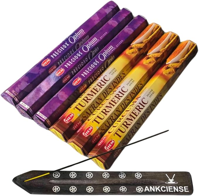 Sandalwood & Vanilla Incense from Hem Bundled with ANKCIENSE Incense Holder Bundle, Variety Pack of 120 Sticks (P Opium & Turmeric)