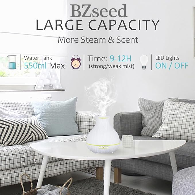 BZseed Aromatherapy Essential Oil Diffuser 550ml 12 Hours White Wood Grain Aroma Diffuser with Timer for Large Room, Home, Baby Bedroom, Waterless Auto Shut-Off, 7 Colors Lights Changing - Bloomnest