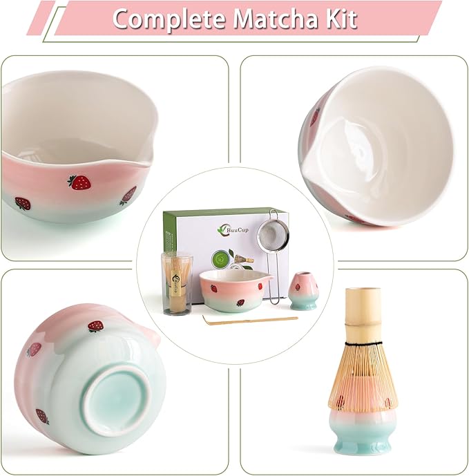Matcha Whisk Set, Matcha Bowl with Spout, Matcha Whisk and Holder, Bamboo Matcha Scoop and Stainless Sifter,Ceramic Matcha Bowl(Pink Green) - Bloomnest