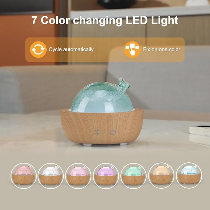 Glass Essential Oil Diffusers for Home, Wood Grain Base Humidifier, Decorative Bedroom Aromatherapy Scent Air Diffuser Ultrasonic Aroma Defusers 200ml（with 3Pcs Essential Oils） kakoda