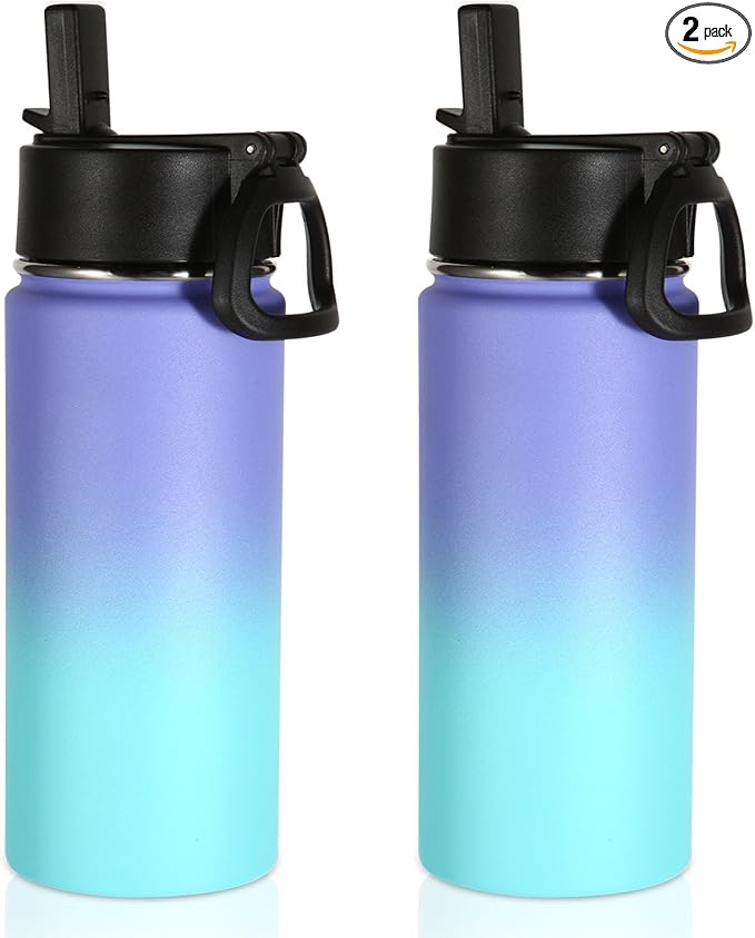 Volhoply 16 OZ Kids Water Bottle Bulk 2 Pack,Insulated Sports Bottles with Straw Lid,Stainless Steel Bottle with Handle Keep Cold & Hot,Double Wall Vacuum Tumbler Cups for School(Purple Blue, 2) - Bloomnest