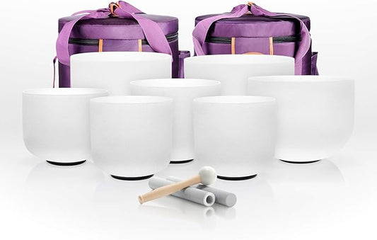 TOPFUND 7-12 inch 432 Hz Chakra Set of 7 Crystal Singing Bowls with Heavy Duty Carrying Cases and Mallets - Bloomnest