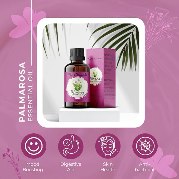 White Naturals Palmarosa Essential Oil – 100% Pure & Natural Palmarosa Oil, Floral & Fresh Aroma, Ideal for Aromatherapy, Skin Care & DIY Beauty, 1oz - Bloomnest