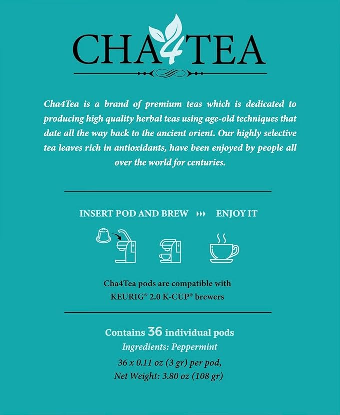 Cha4TEA 36-Count Peppermint Herbal Tea Pods - Compatible with Keurig Brewers - Bloomnest