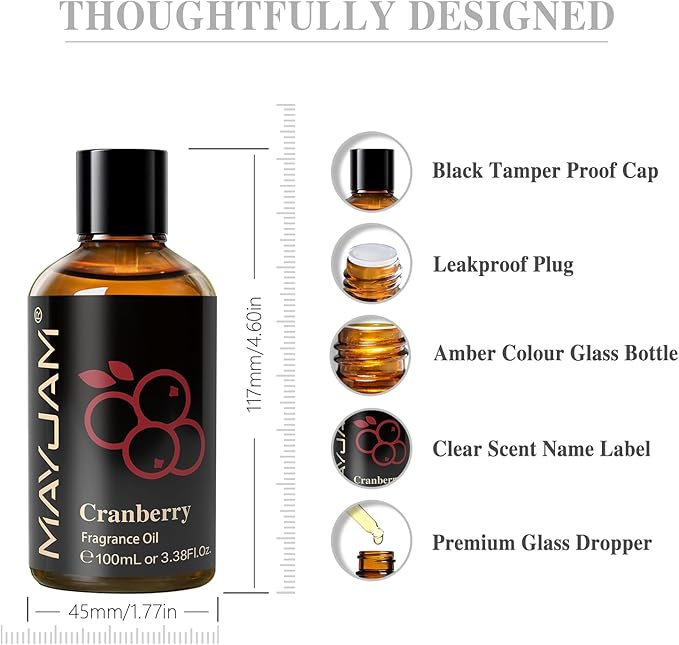 MAYJAM 100ML/3.38FL.OZ Cranberry Fragrance Oils with Glass Dropper, Essential Oils for Diffusers for Home, Long Lasting Scented Oils for Diffusers Soap Candle Making - Bloomnest