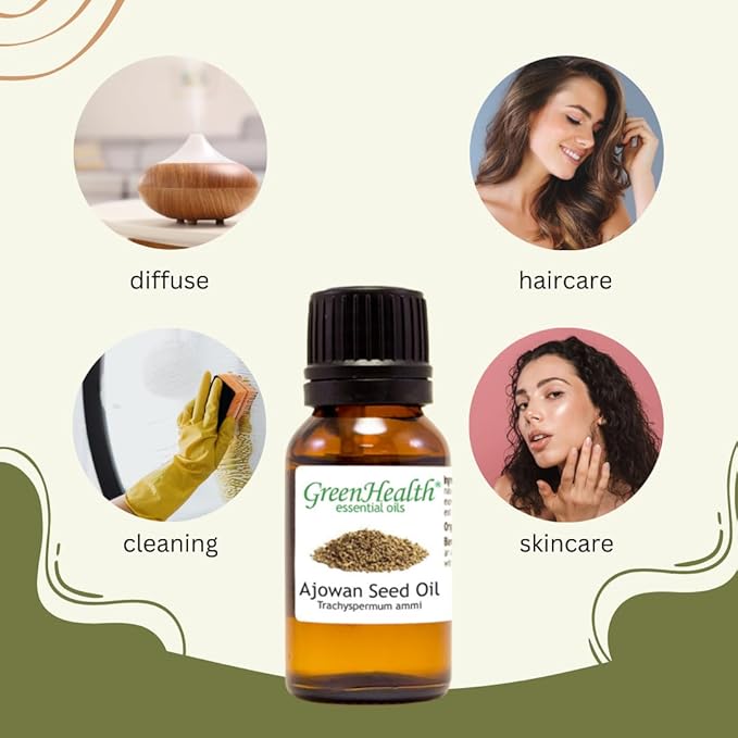 Ajowan Seed Essential Oil – 2 fl oz (59 ml) Glass Bottle w/Cap – 100% Pure Essential Oil – GreenHealth Greenals