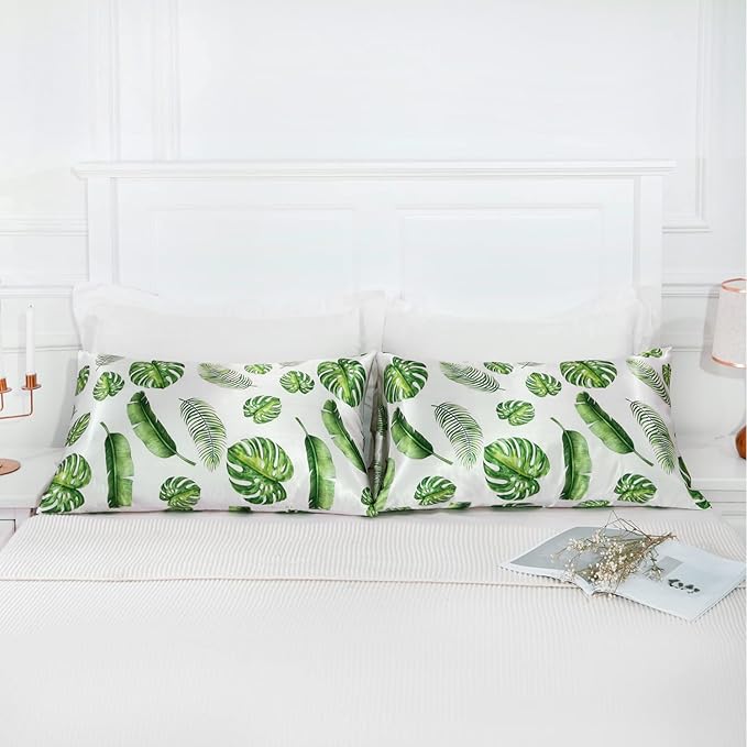 MR&HM Satin Pillowcase for Hair and Skin, Silk Satin Pillowcase 2 Pack, Queen Size Pillow Cases Set of 2, Silky Pillow Cover with Envelope Closure (20x30, Leaves) - Bloomnest