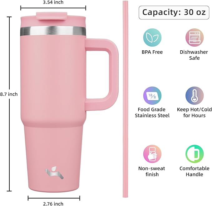 30 oz Tumbler with Handle and 2 Straws,2 in 1 Lid Insulated Water Bottle Stainless Steel Travel Coffee Mug,Pink - Bloomnest