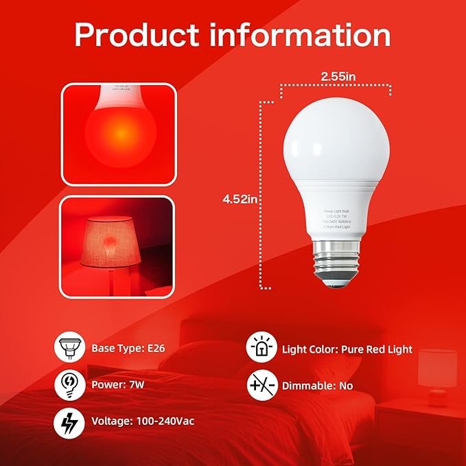 Red Light Bulbs for Sleep 670nm Natural Sleep Aid Lamp Blue Light Blocking E26 Base 7W for Stress Relief Relaxation Meditation Travel and Yoga - Bloomnest