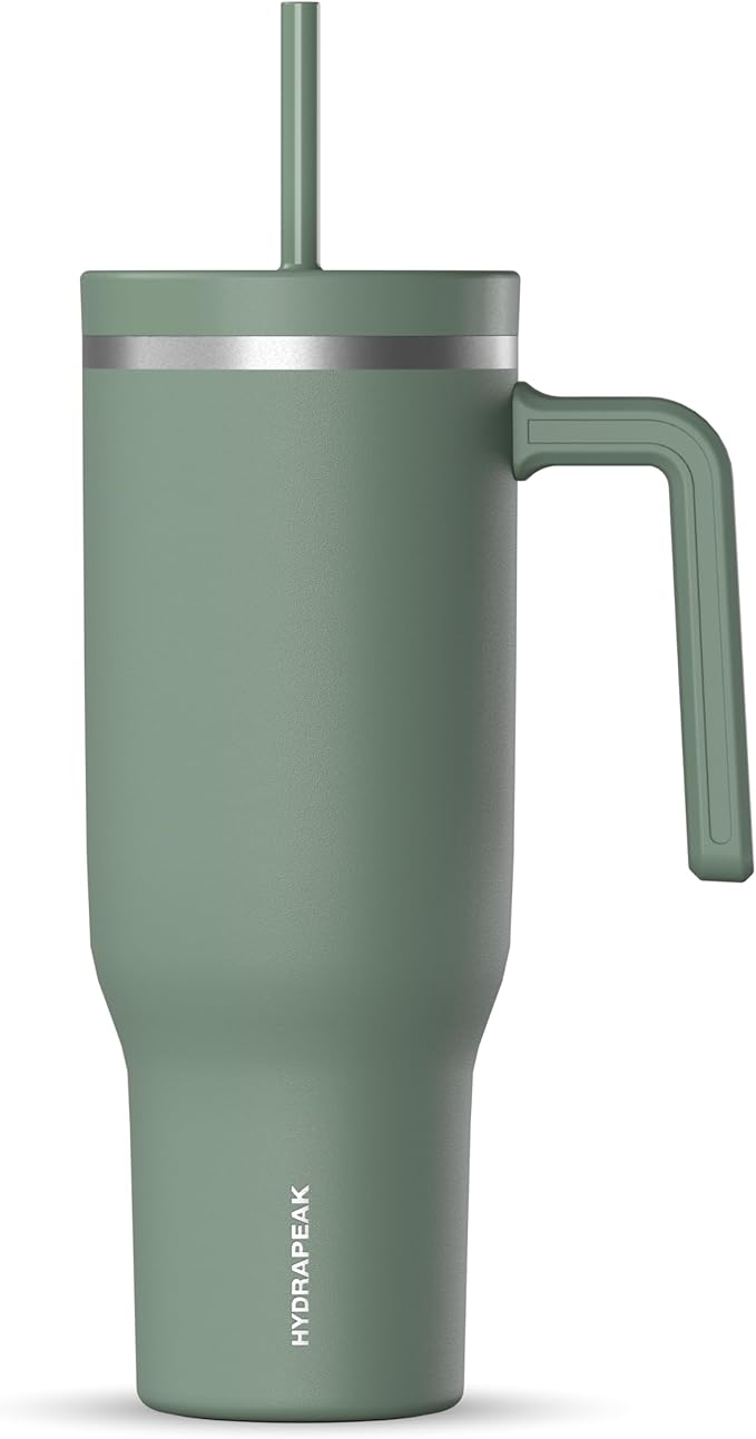 Hydrapeak Voyager 40 Oz Stainless Steel Tumbler with Handle, Insulated Water Bottle With Straw & Lid, Cupholder Friendly Reusable Travel Mug (Sage Leaf) - Bloomnest