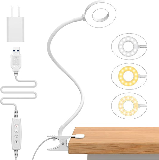 iZELL Reading Light, USB Clamp Lamp for Child Reading Book in Bed at Night, LED Small Desk Lamp with Adjustable Gooseneck Clip on Beside Table for Studying Working Drafting Sewing - 15.8‘’ White - Bloomnest