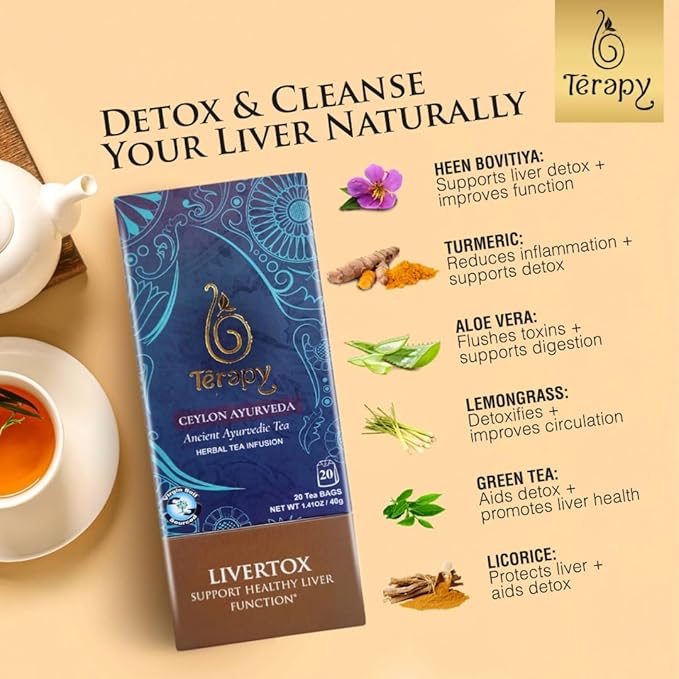 Térapy Ceylon LIVERTOX Organic Herbal Tea Bags | Helps with Liver Kidney Cleanse Detox & Repair | 100% Natural Ayurvedic Ingredients including Turmeric, Aloe Vera and Lemongrass | 20 Individually Wrapped Tea Bags - Bloomnest