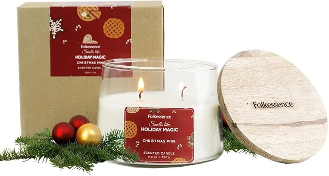Folkulture Holiday Magic Christmas Scented Candle | Large 250g - Pine Scent | Two Wick Soy Christmas Candles | Non-Toxic Winter Candles for Relaxing | Long Lasting Aromatherapy | Xmas Holiday Gifts - Bloomnest