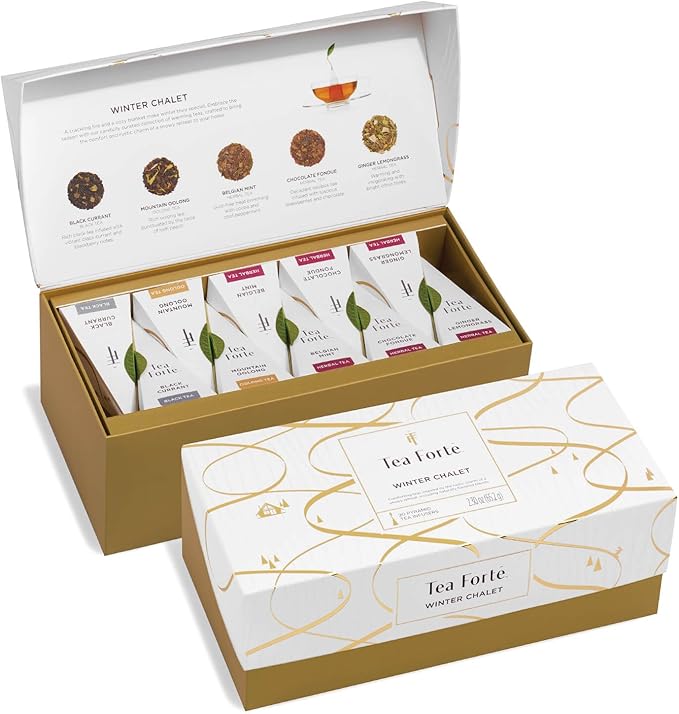 Tea Forte Winter Chalet Premium Presentation Box Gift Set Sampler, 20 Count, 4 of Each Blend Individually Wrapped Handcrafted Pyramid Infuser Bags - Bloomnest