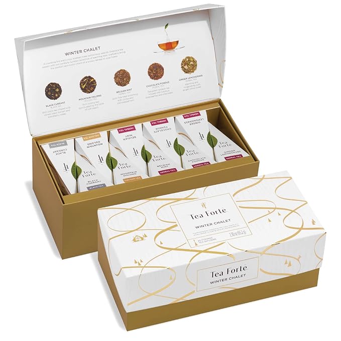 Tea Forte Winter Chalet Premium Presentation Box Gift Set Sampler, 20 Count, 4 of Each Blend Individually Wrapped Handcrafted Pyramid Infuser Bags