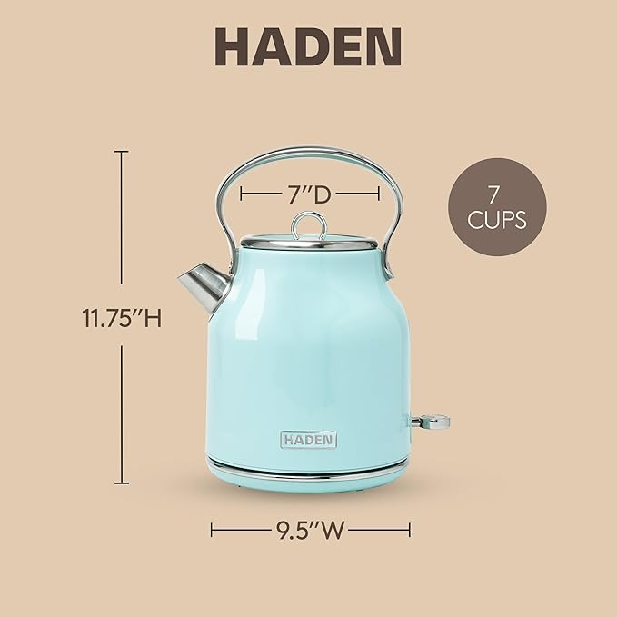 Haden Heritage 1.7 Liter Stainless Steel Electric Kettle, Hot Water Kettle with 360-Degree Base and Auto Shutoff, Turquoise & Chrome - Bloomnest