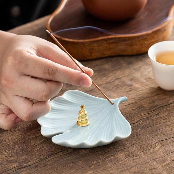 2-Style Ceramic Incense Burner, Bodhi&Ginkgo Leaf Design, Ceramic Incense Holder for Sticks with Ash Catcher&Built-in Stand, Zen Meaning Decor for Home, Office&Yoga/Sage/Cone(Brown and White) - Bloomnest