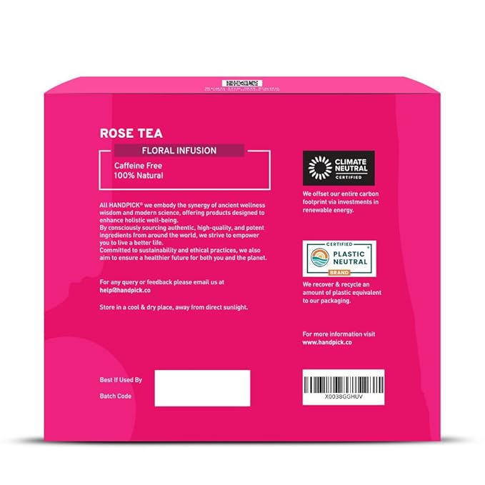 HANDPICK, Rose Buds Herbal Tea Bags - 50 Count | Caffeine Free Rose Tea with Chamomile & Tulsi | Floral & Smooth | Round Eco-conscious Tea Bags - Bloomnest