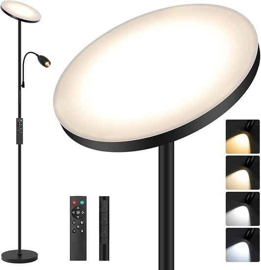 LED Torchiere Floor Lamp with Gooseneck Reading Light, 69" Dimmable Reading Floor Lamp with Adjustable Color Beam, Remote Control Standing Lamp, Zoomable Spotlight for Living Room,Bedroom,Office,Black - Bloomnest