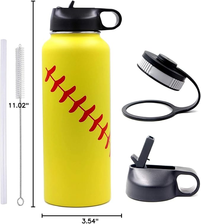 40 oz Softball Water Bottle, Wide Mouth Sports Flask Metal Travel Tumbler with 2 Lids, Stainless Steel Double Wall Vacuum Insulated Leak Proof Thermo Water Jug, Softball Stuff Gifts for Mom Girls - Bloomnest