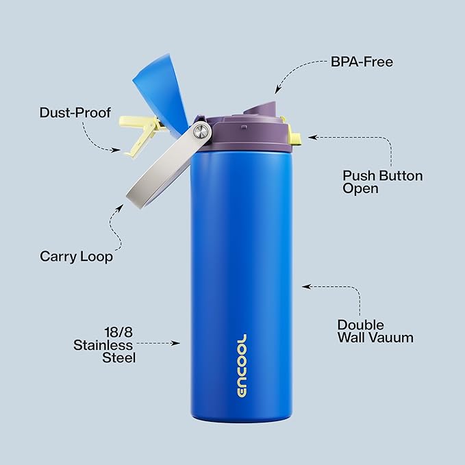 Insulated Water Bottle with Straw - Encool Stainless Steel Water Bottle with Push Button Lid, Leak-Proof & BPA-Free, Keeps Cold for 24 Hours for Sports, Travel, Gym (24 oz, Sapphire) ENCOOL