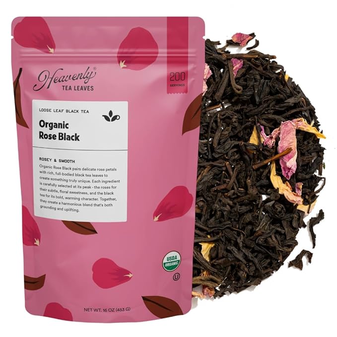 Heavenly Tea Leaves Organic Rose Black, Bulk Loose Leaf Black Tea, 1 Lb. (Approx. 200 Cups) - Strong, Full Bodied, Floral, Great For Hot Or Iced Tea, Antioxidant, Black Tea With Rose Petals - Bloomnest