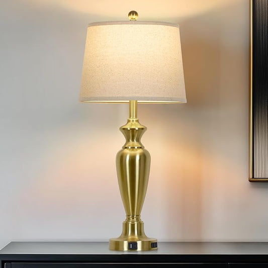 30" Tall Gold Table Lamp for Living Room, 3-Way Dimmable Touch Control Bedside Lamp for Bedroom Nightstand with USB A+C Ports & AC Outlet (1 Pack) - Bloomnest