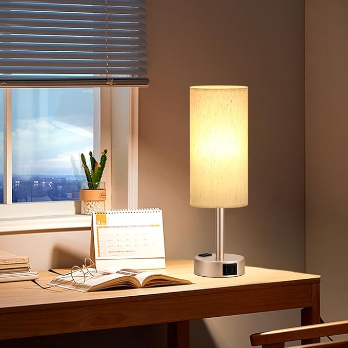 Fenmzee Bedside Table Lamp for Bedroom - 3 Way Dimmable Touch Lamp USB C Charging Ports and AC Outlet, Small Lamp Gold Base Round Flaxen Fabric Shade for Living Room, Desk, LED Bulb Included - Bloomnest