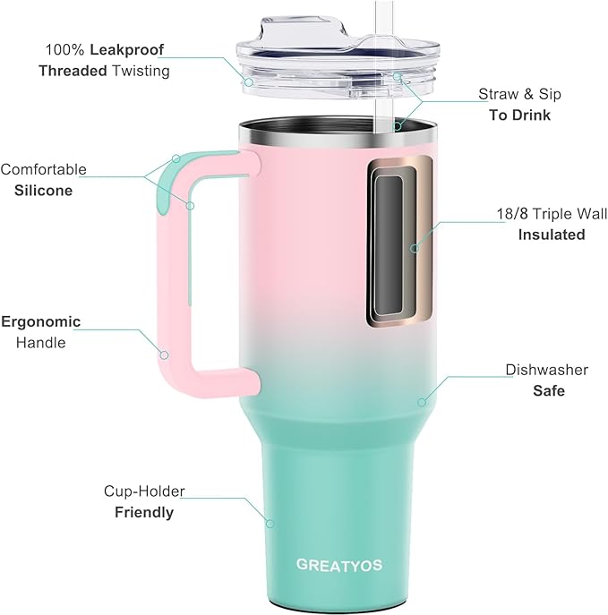 Stainless Steel 40 oz Tumbler with Handle, Insulated Travel Mug, Leak-Proof Lid, Vacuum Cup for Men & Women - Bubble Gum - Bloomnest