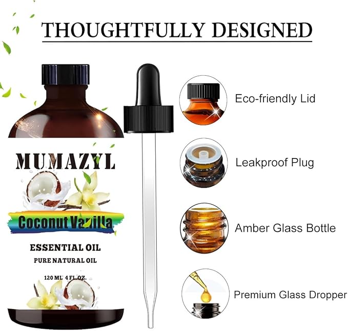Coconut Vanilla Essential Oil, Coconut Vanilla Oil 4 Fl Oz 120ML for Diffuser Humidifier Yoga Cleaning DIY Candle Soap Making Essential Oils - Bloomnest