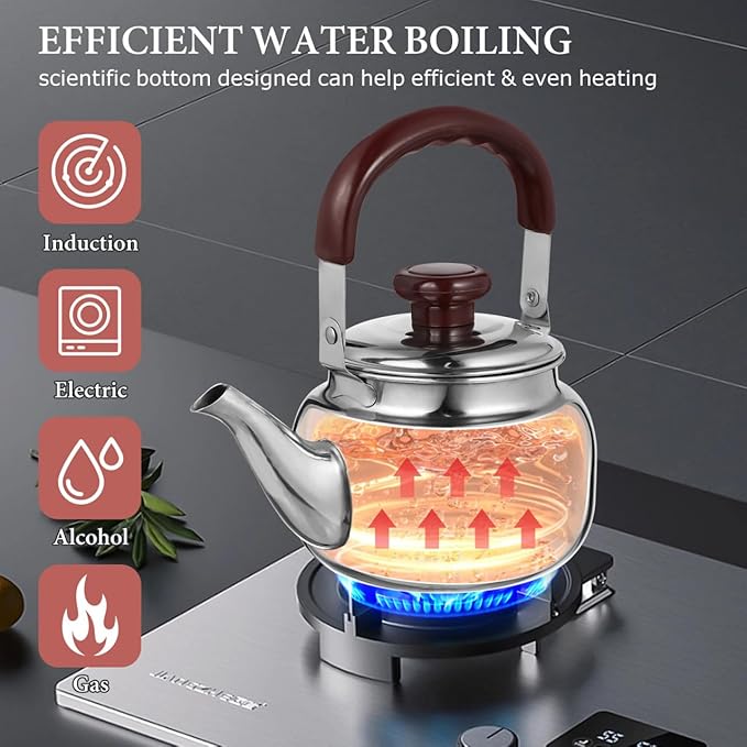 LIFKOME Traditional Stainless Steel Heavy Duty Tea Kettle With Sandwich Bottom and Specialty Cool Touch Handling Mirror Finish Stainless Steel Whistling Tea Kettle Stove Top - Bloomnest