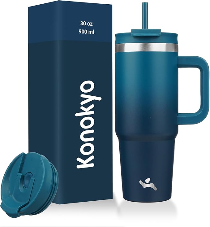 30 oz Tumbler with Handle and 2 Straws,2 in 1 Lid Insulated Water Bottle Stainless Steel Travel Coffee Mug,Indigo Black - Bloomnest
