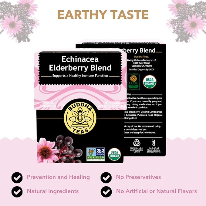 Buddha Teas - Organic Echinacea Elderberry Blend - Herbal Tea - For Health & Wellbeing - With Antioxidants & Minerals - Clean Ingredients - No Caffeine - OU Kosher & Non-GMO - 18 Tea Bags (Pack of 1) - Bloomnest